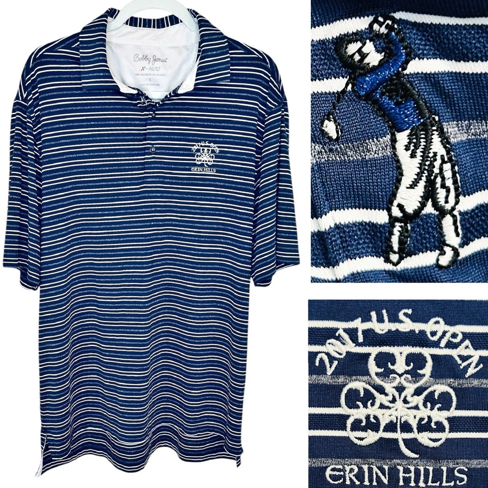 Bobby Jones Golf Shirt Large Blue White Stripe Performance 2017 US Open FLAW